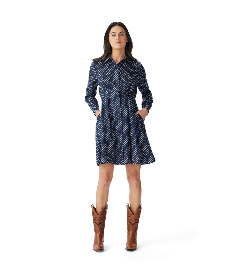Imprint Linen Dress - Navy