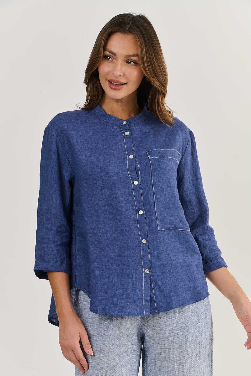 Linen Shirt with Contrast Stitching