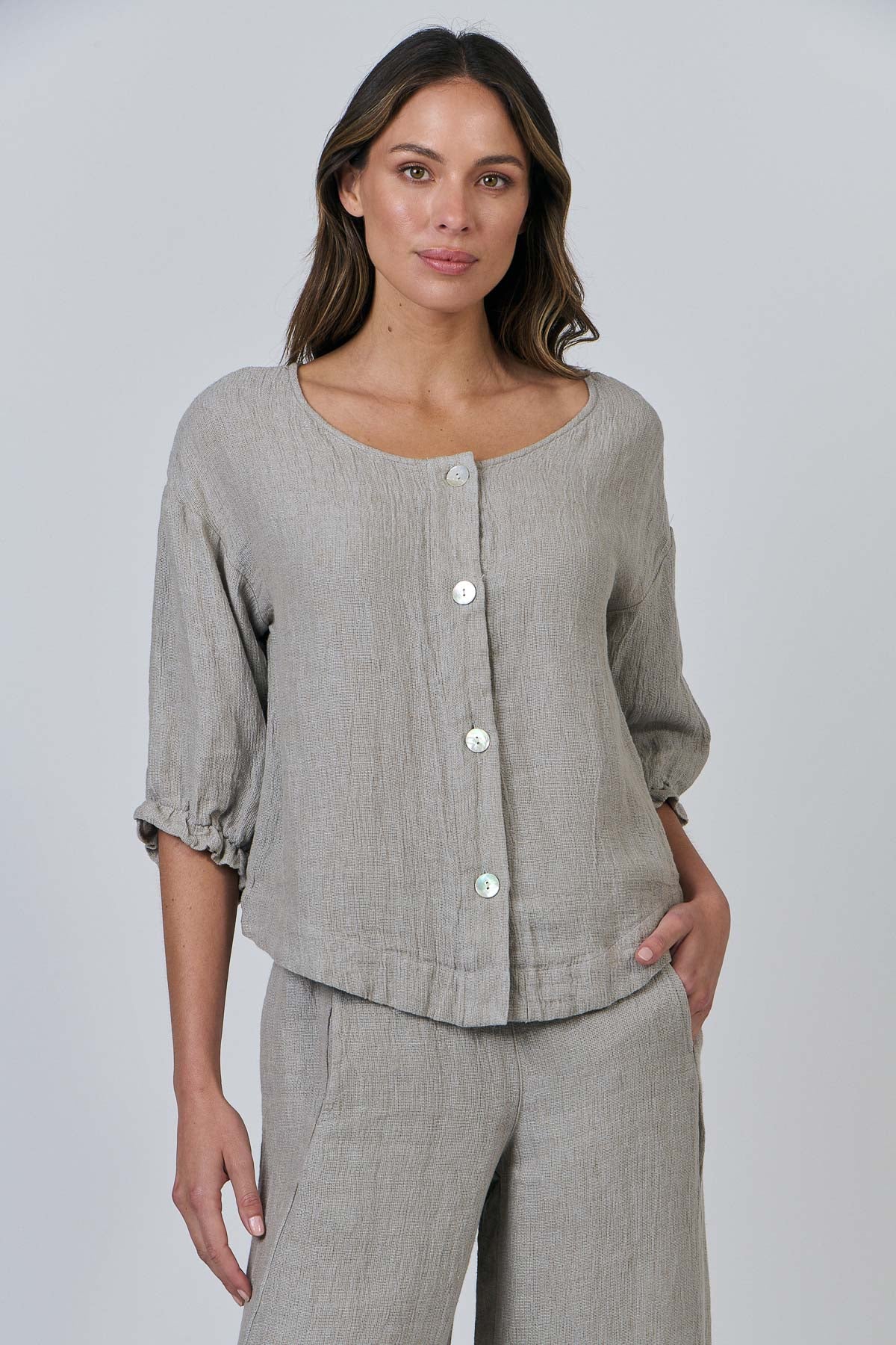 Linen Button Thru Top - Cement