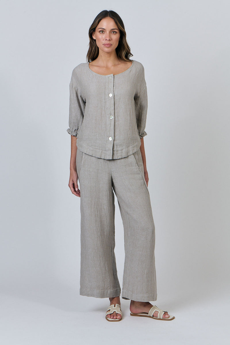 Linen Button Thru Top - Cement