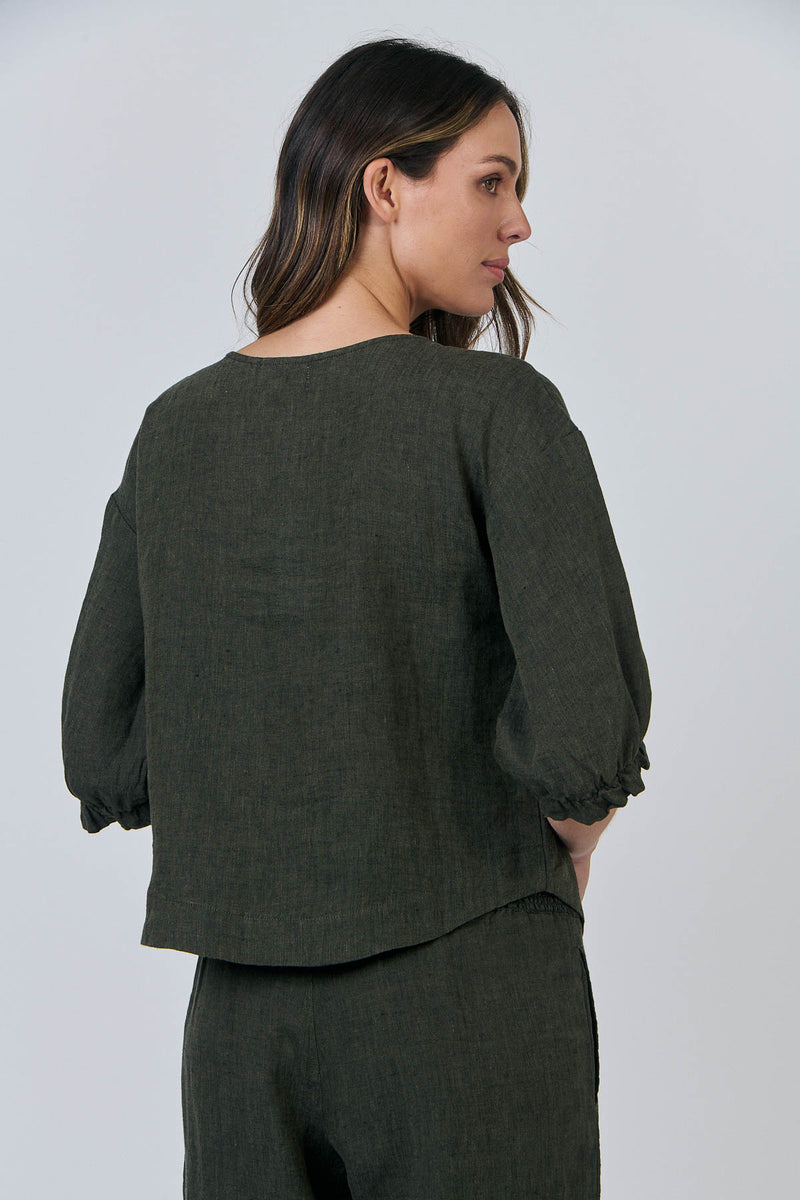 Linen Button Thru Top - Licorice