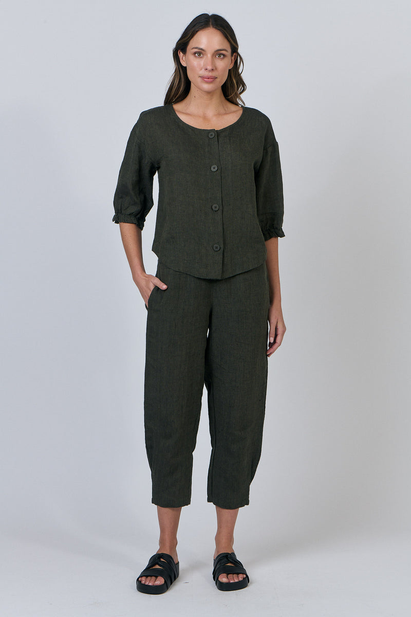 Linen Button Thru Top - Licorice
