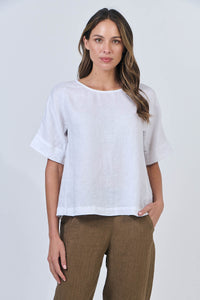 Linen Round Neck Top - White Line