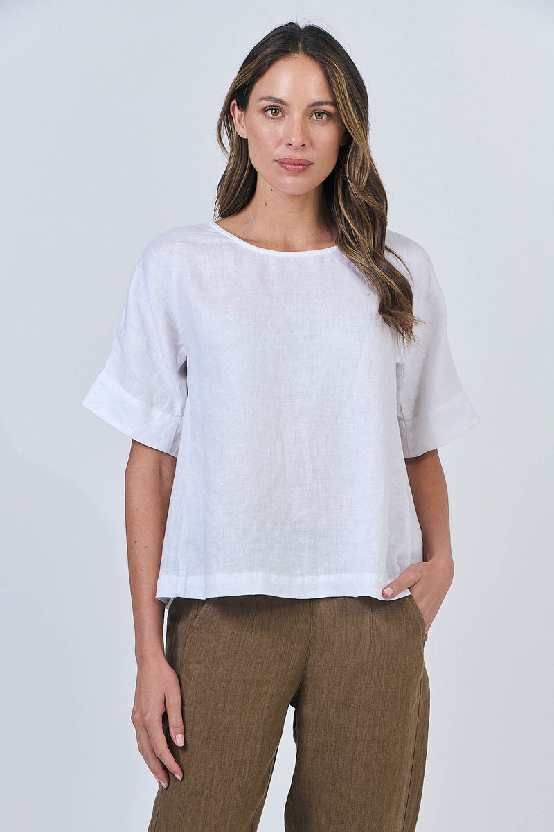 Linen Round Neck Top - White Line