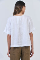 Linen Round Neck Top - White Line