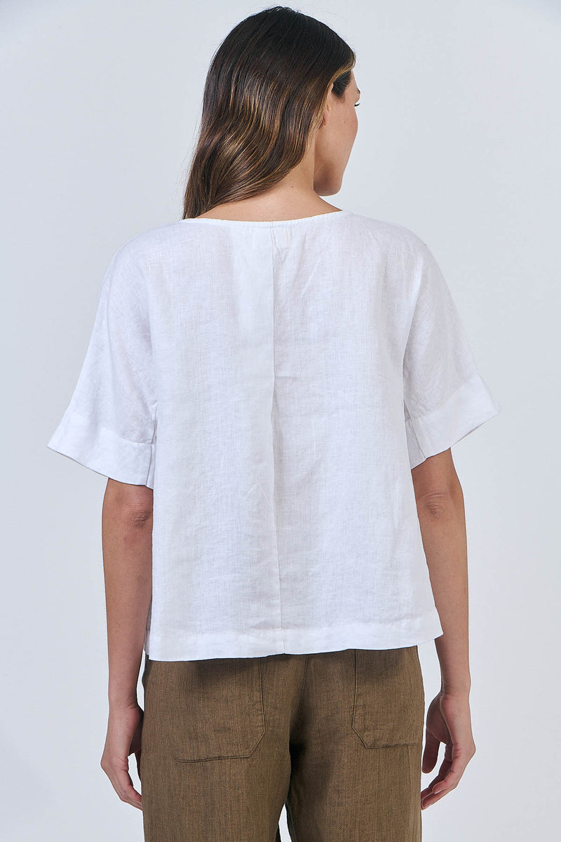 Linen Round Neck Top - White Line