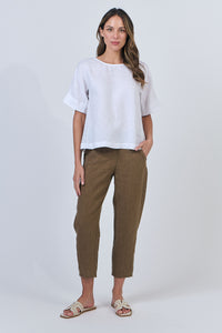 Linen Round Neck Top - White Line
