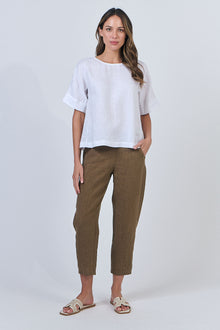Linen Round Neck Top - White Line