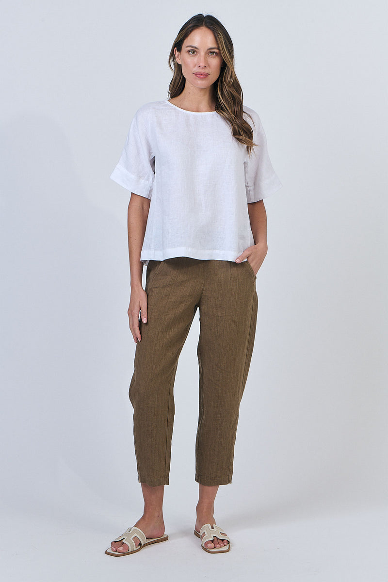 Linen Round Neck Top - White Line