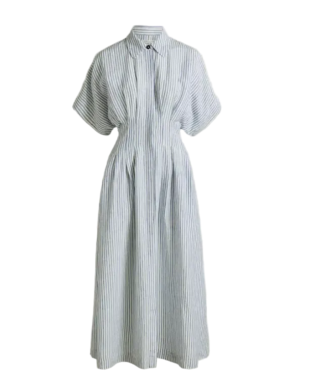 Tuck linen stripe dress