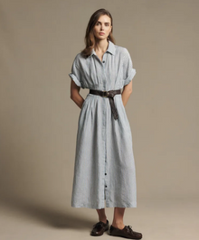 Tuck linen stripe dress