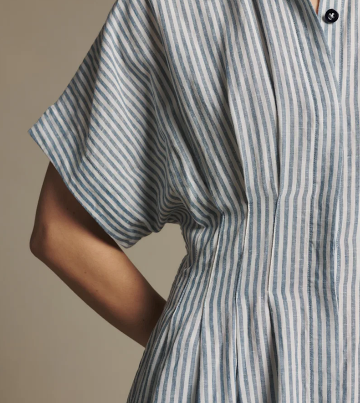 Tuck linen stripe dress