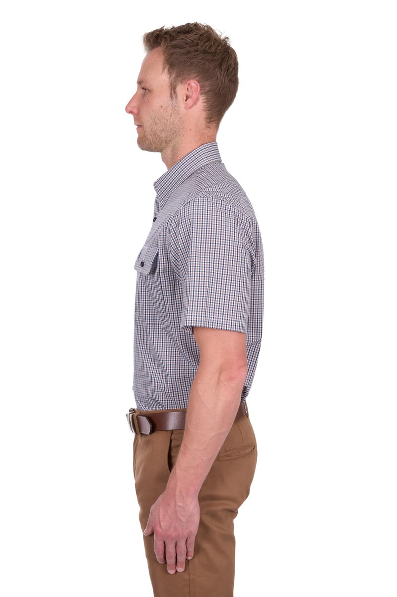 Mens Will Check 2Pkt SS Shirt - Navy Tan