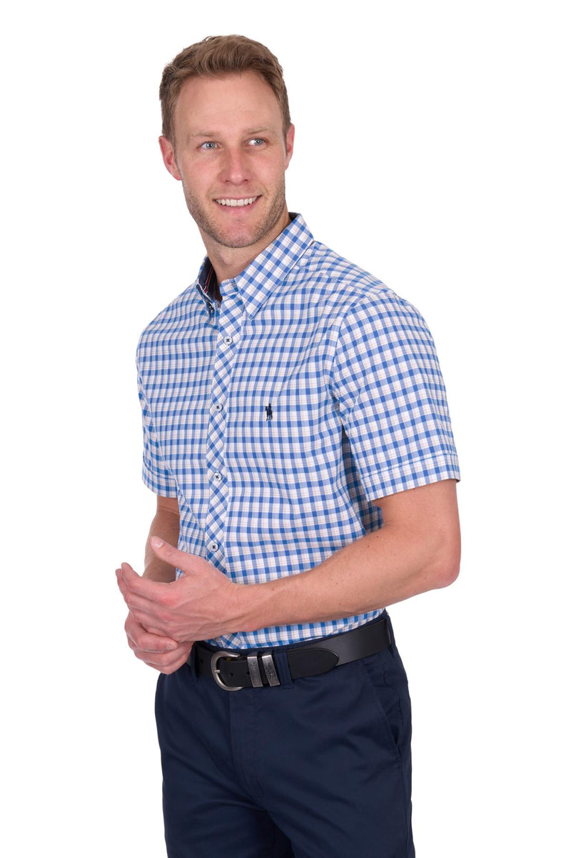 Chris Tailored Check SS Shirt - Blue/Tan
