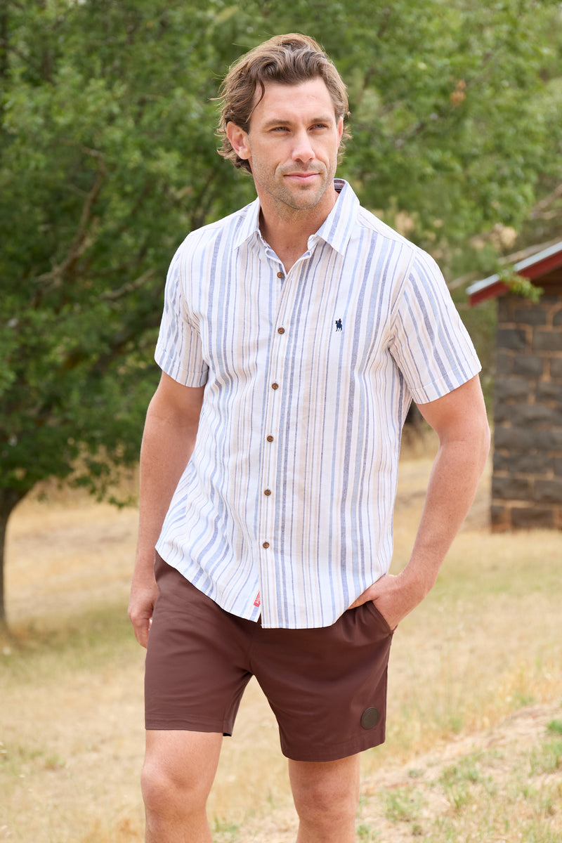 Thomas Cook Max Linen SS Shirt - Navy/Tan